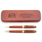 Personalized Rosewood Graduation Ballpoint Pen and Pencil Set with Case - Business/Finance