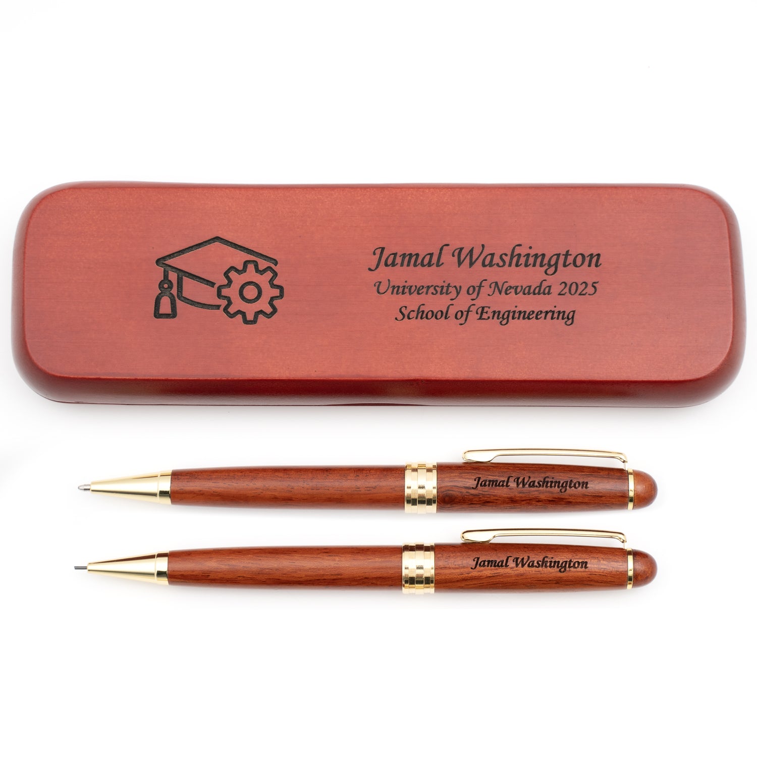 Personalized Rosewood Graduation Ballpoint Pen and Pencil Set with Case - Engineering
