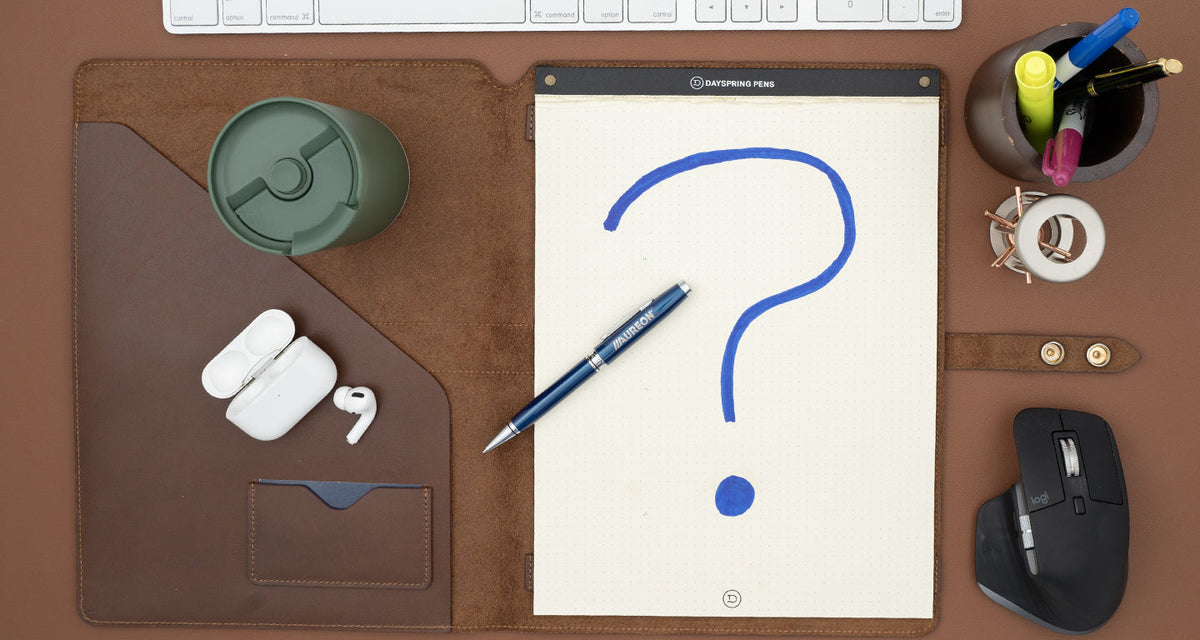 Dayspring Leather Padfolio with a question mark and a Cross Coventry Blue ballpoint