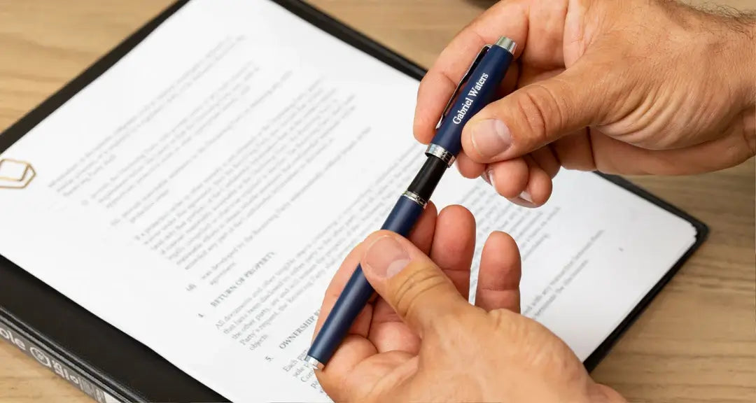Person holding a personalized Parker IM blue gift pen