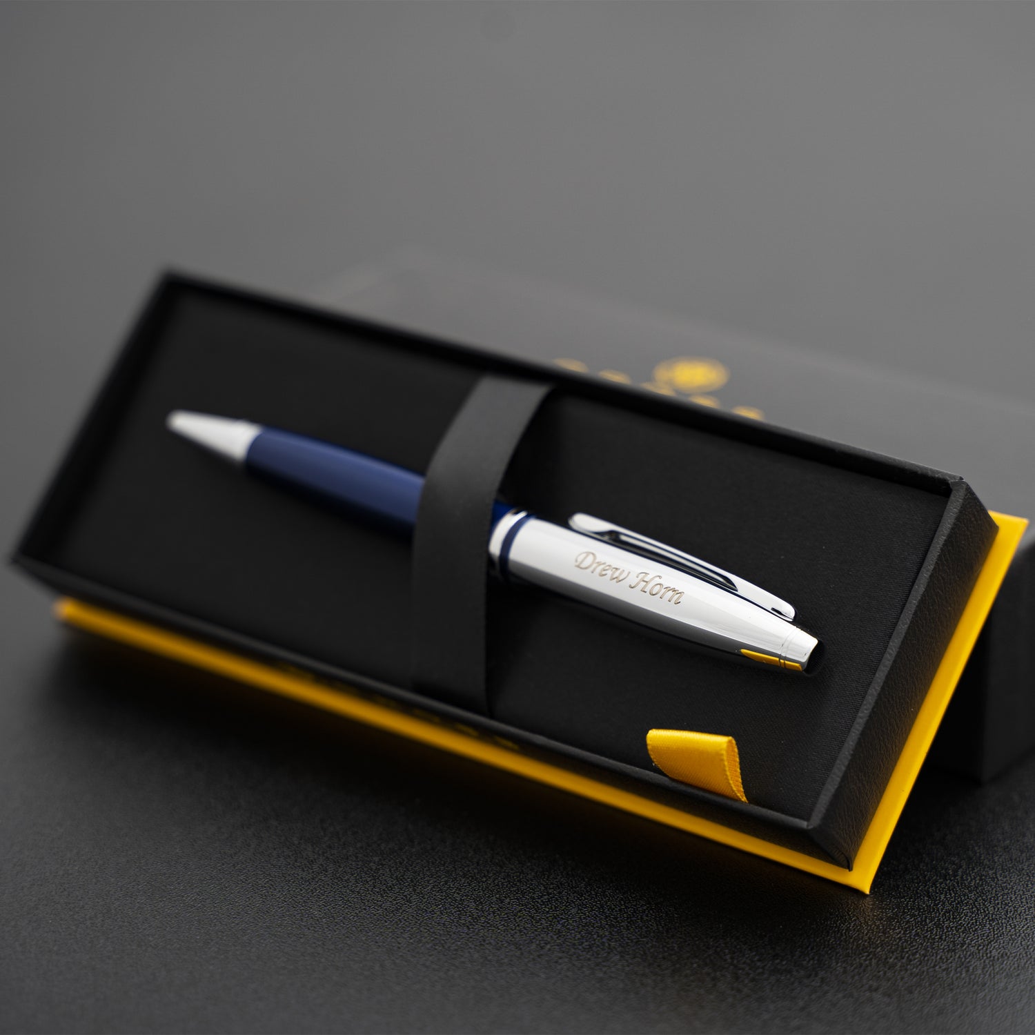 Engraved Calais Blue Ballpoint placed on display in box 
