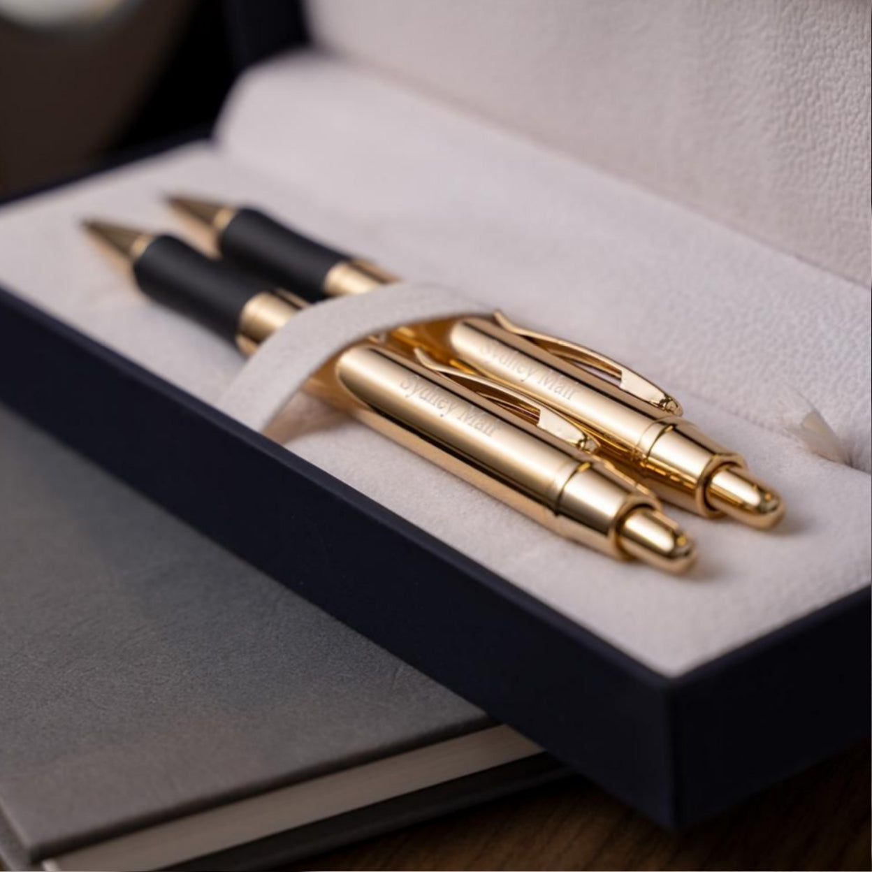 Engraved Monroe 18k Gold Set on display in box