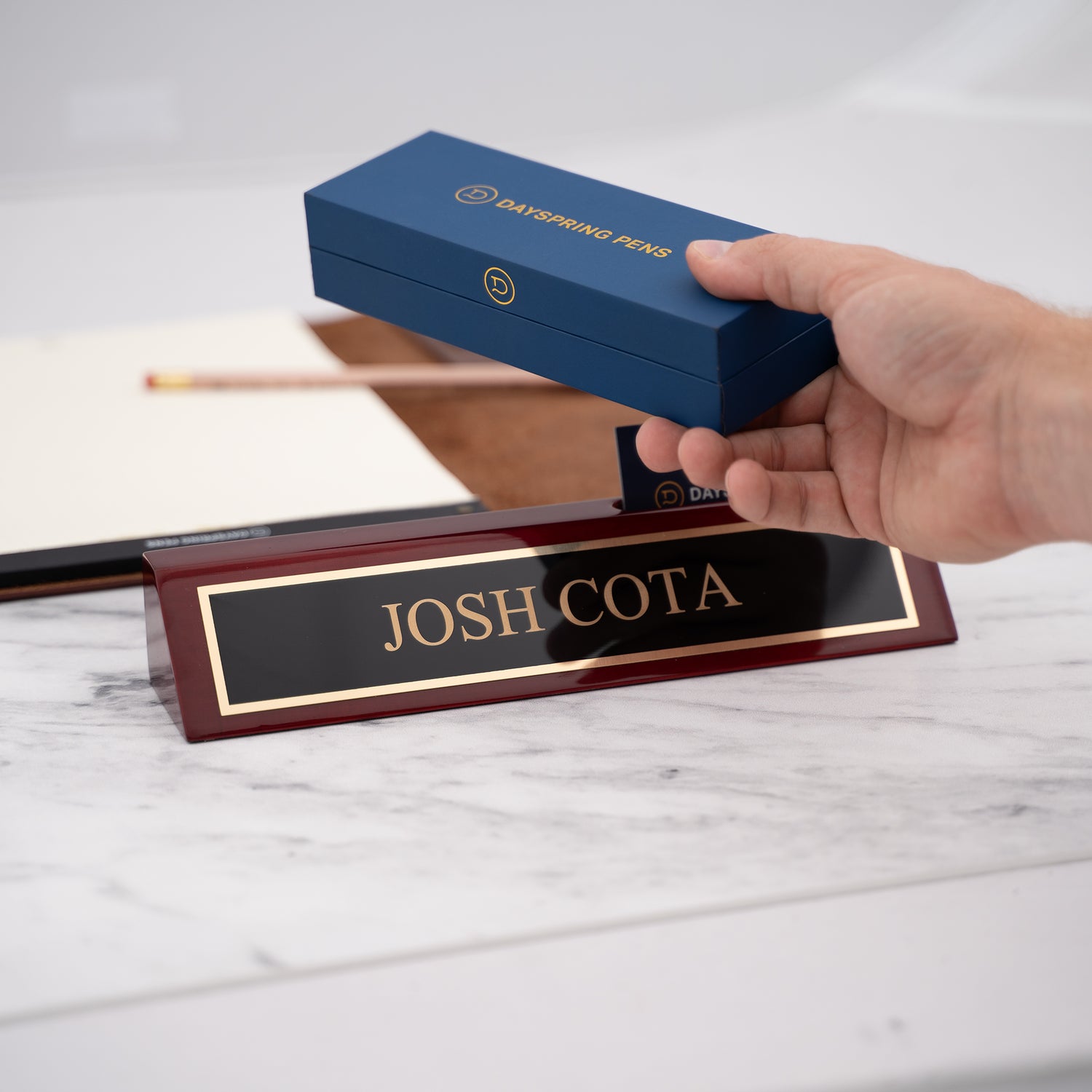 Business Card Holder for Desk with Name Plate - 100% Free Engraving