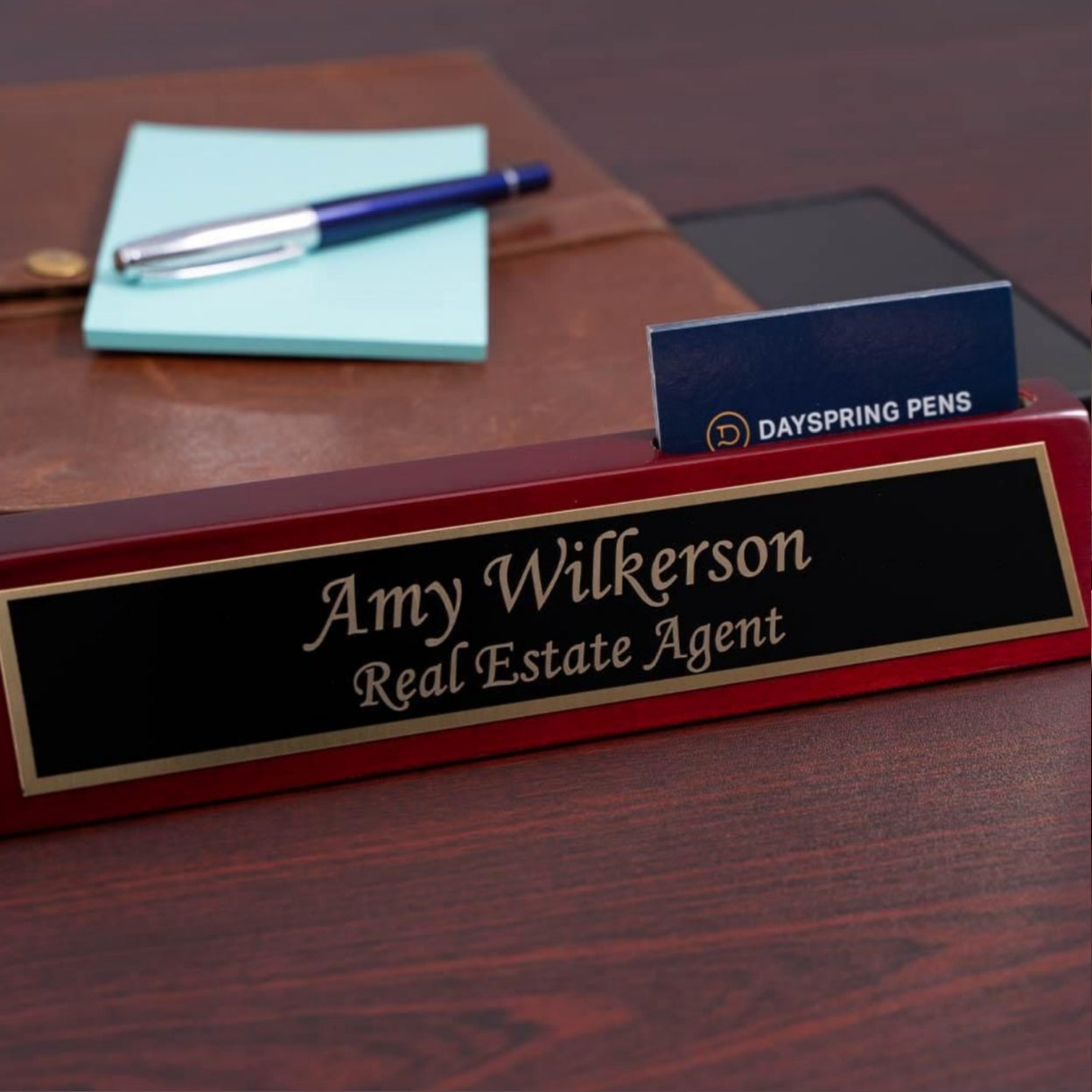 Desk Wedge with Business Card holder on display next to a journal and pen