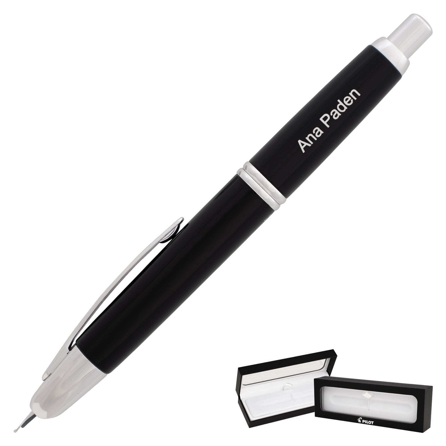 Pilot Vanishing Point Fountain Pen - Black Lacquer with Rhodium Plated Silver Trim