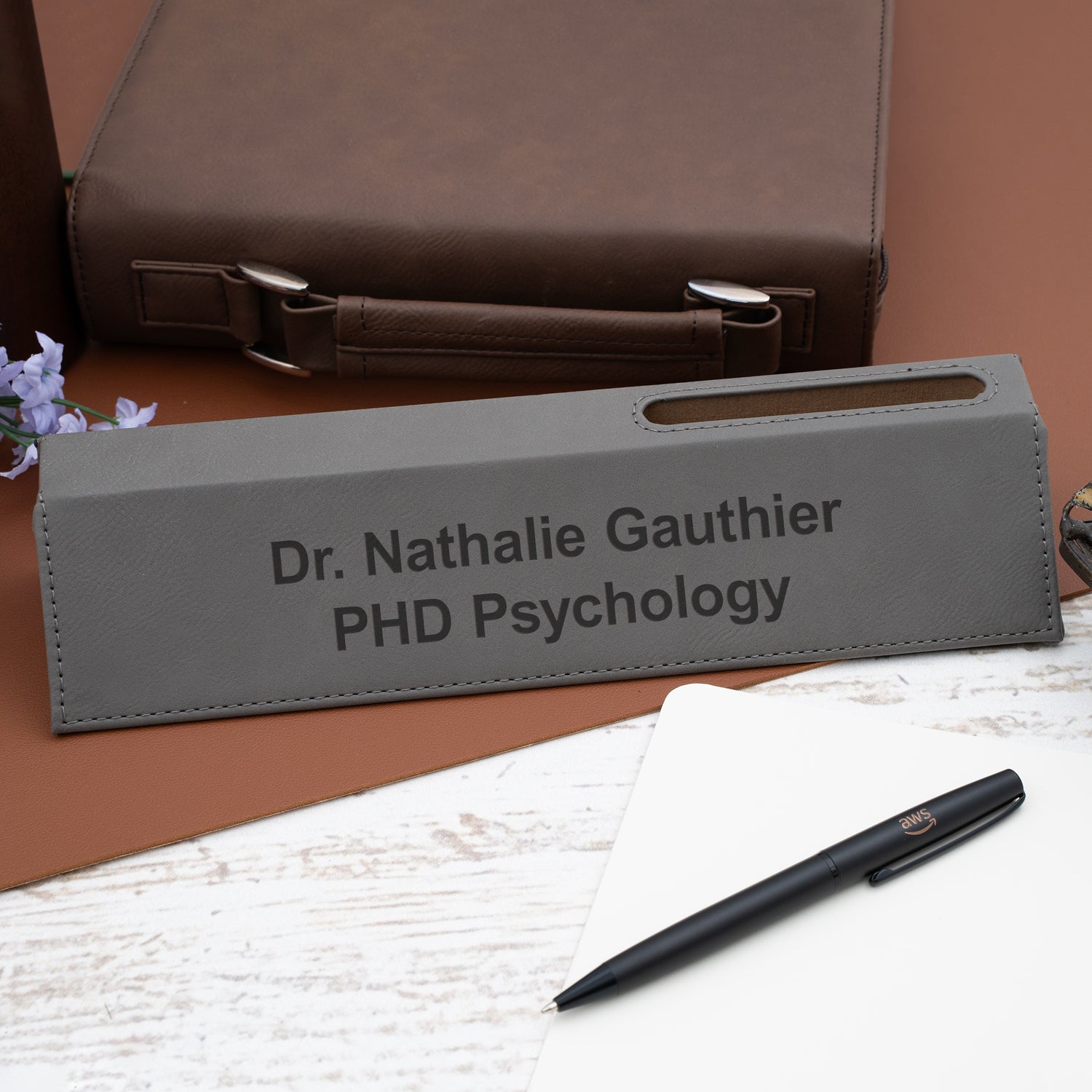 Gray Leatherette Desk Wedge with Business Card Holder
