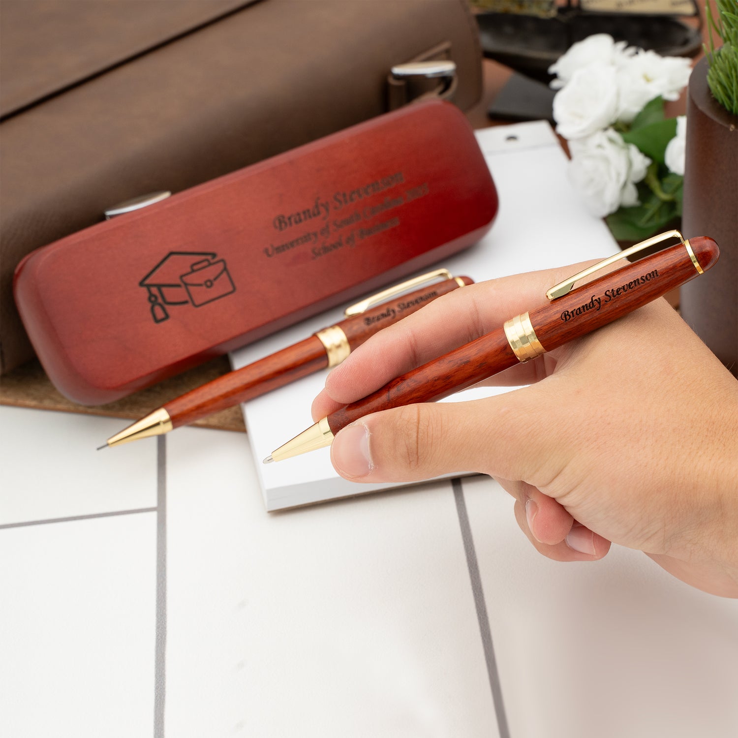 Personalized Rosewood Graduation Ballpoint Pen and Pencil Set with Case - Business/Finance