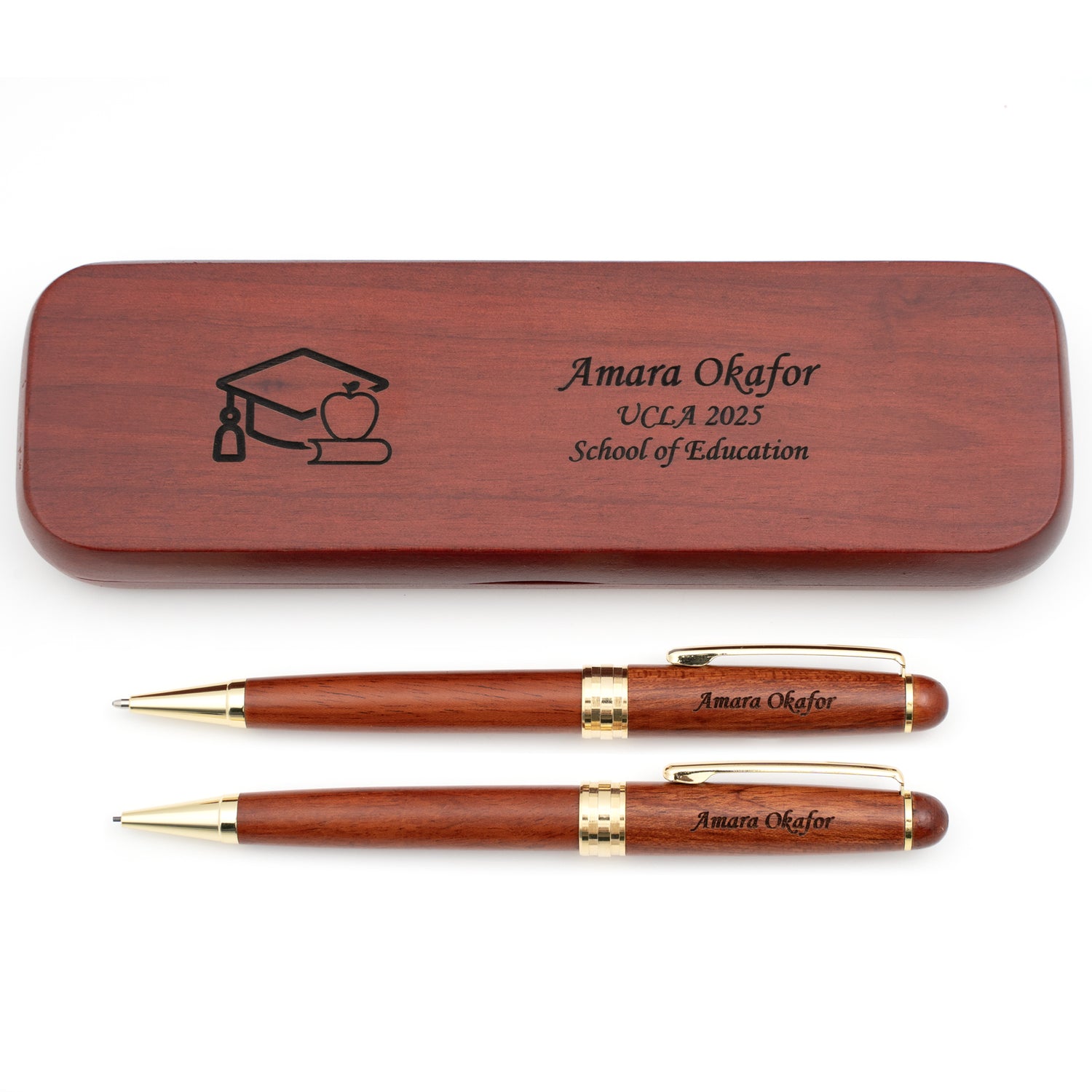 Personalized Rosewood Graduation Ballpoint Pen and Pencil Set with Case - Teacher