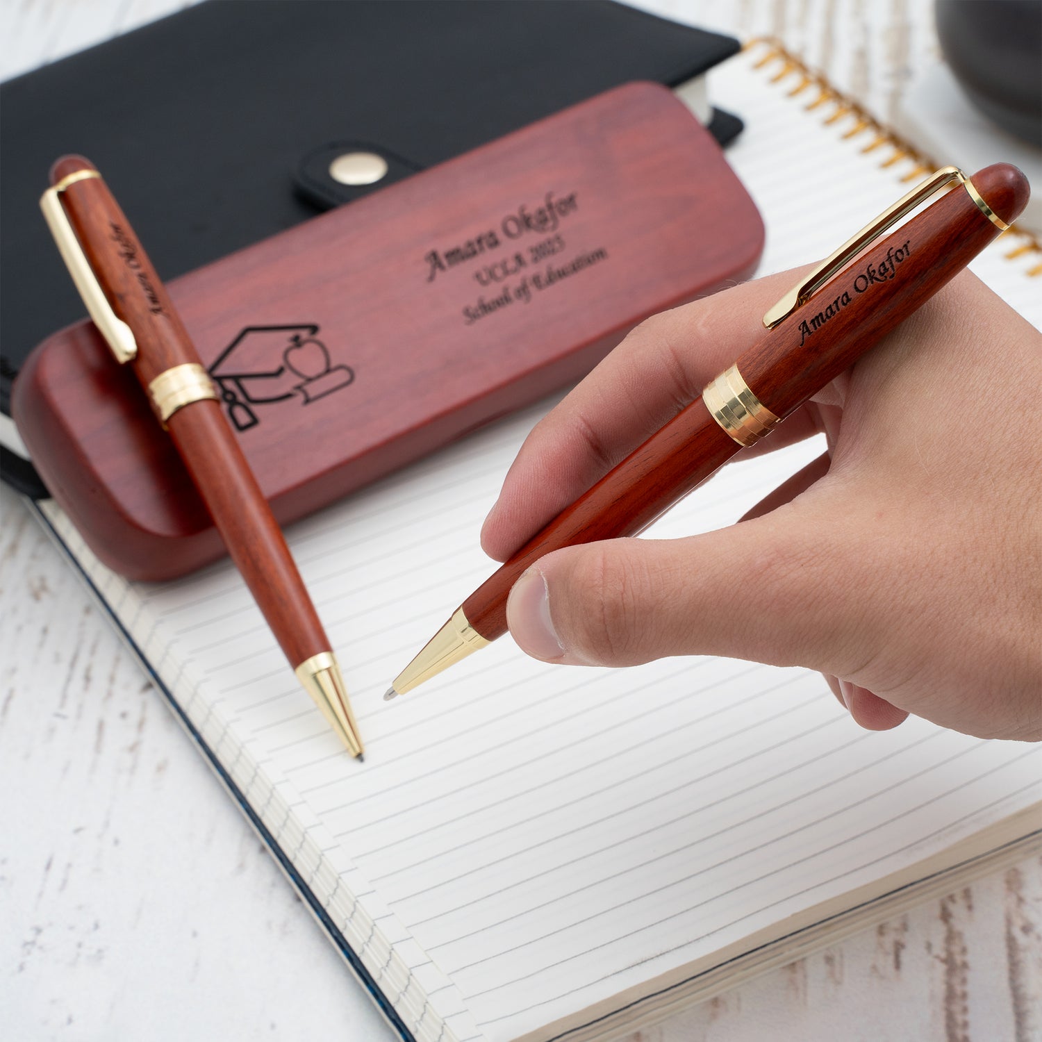 Personalized Rosewood Graduation Ballpoint Pen and Pencil Set with Case - Teacher