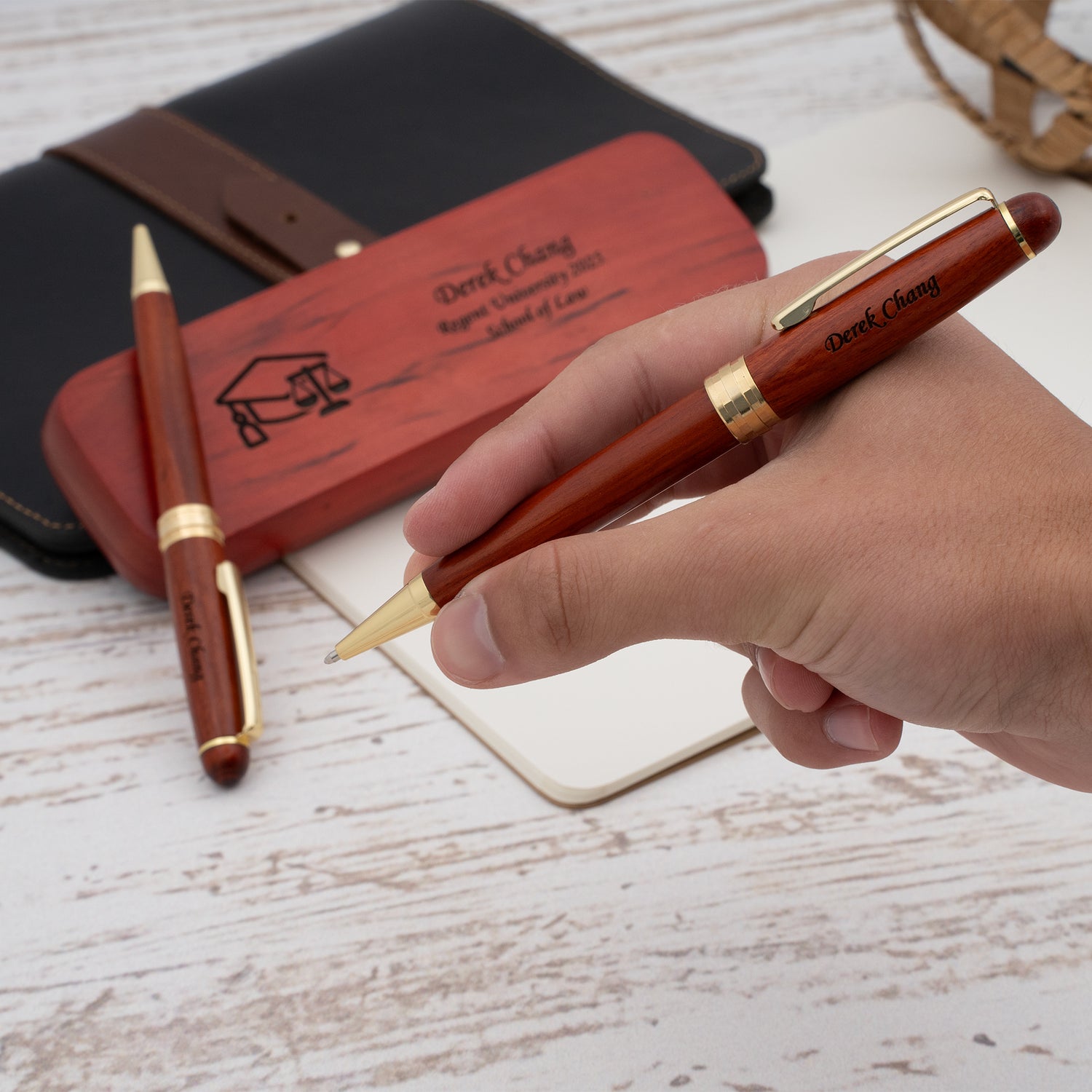Personalized Rosewood Graduation Ballpoint Pen and Pencil Set with Case - Law