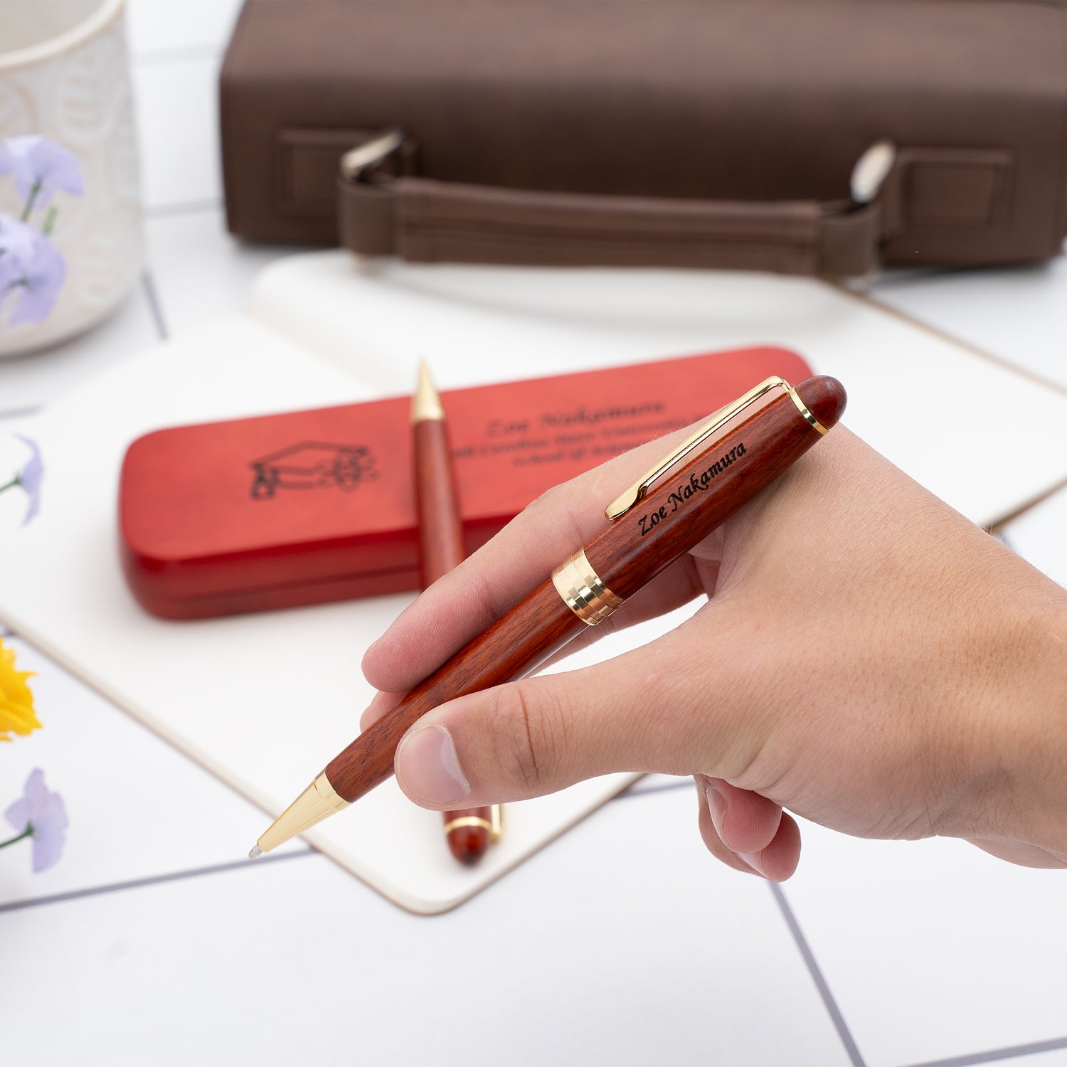 Personalized Rosewood Graduation Ballpoint Pen and Pencil Set with Case - Sciences