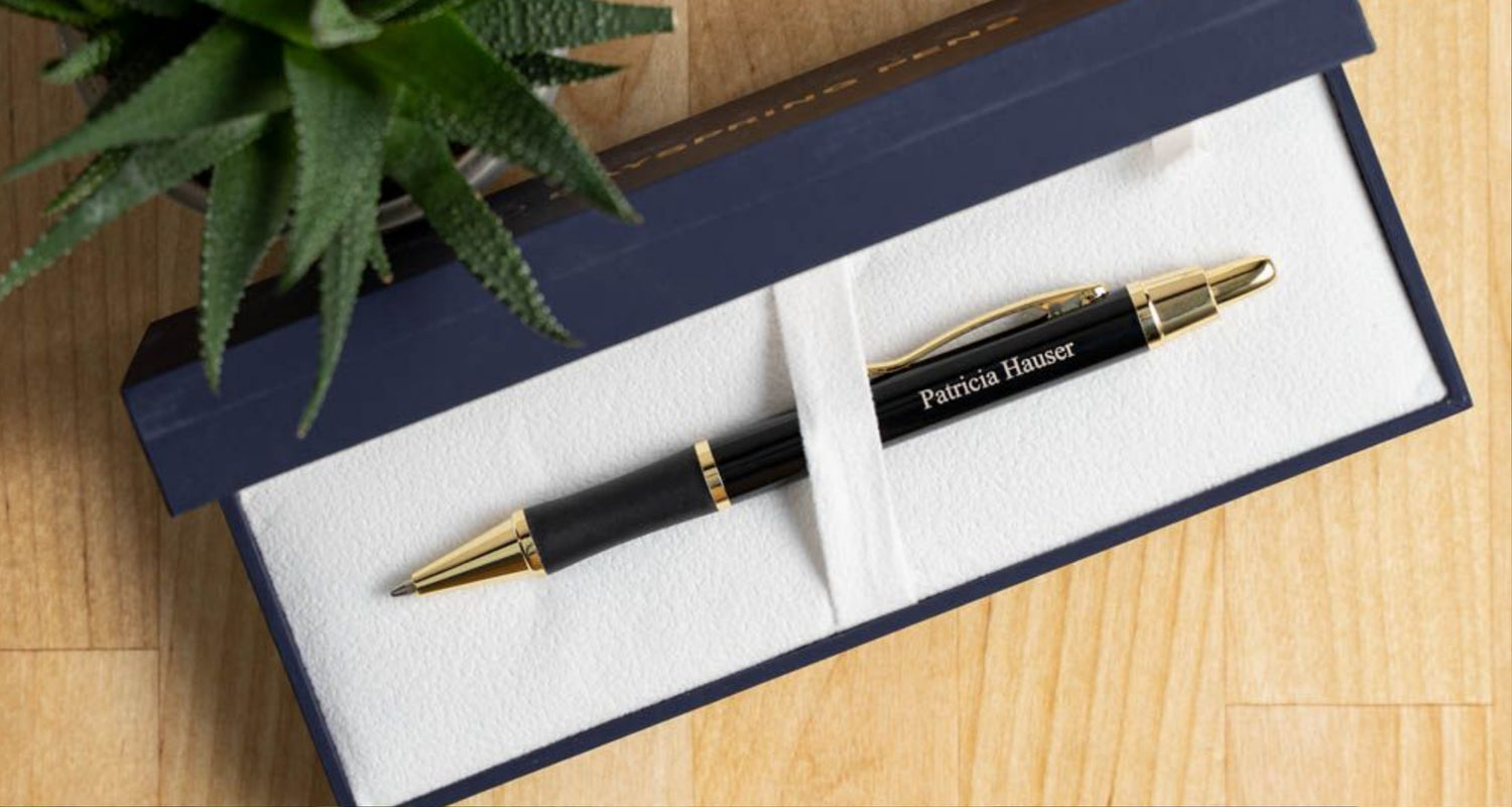 Engraved Monroe Black Ballpoint on display in box 