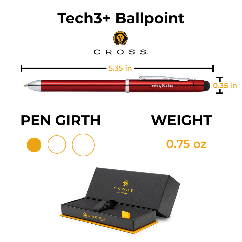 A Cross Tech3+ Pen - Translucent Red that includes a ballpoint and comes with a box.
