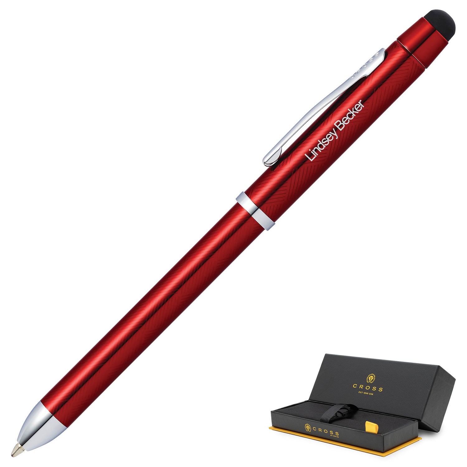 A Cross Tech3+ Pen - Translucent Red with a gift box next to it.