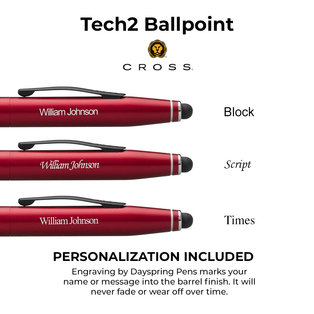 The Cross Tech2 Metallic Red Stylus Pen is a sleek and stylish digital tool featuring a metallic red finish.