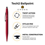 The Cross Tech2 Metallic Red Stylus Pen offers a sleek and sophisticated option for your writing needs. With the option for personalized engraving, this ballpoint pen is both functional and stylish.
