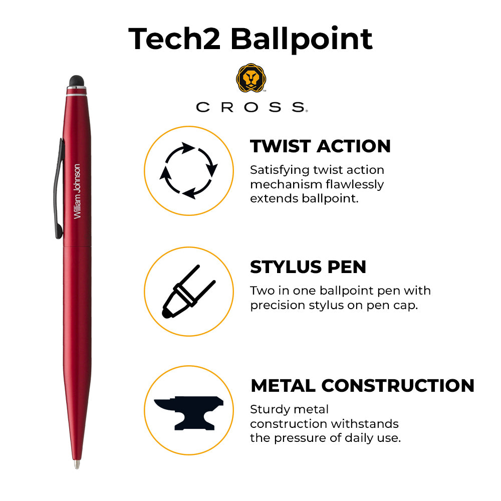 The Cross Tech2 Metallic Red Stylus Pen offers a sleek and sophisticated option for your writing needs. With the option for personalized engraving, this ballpoint pen is both functional and stylish.