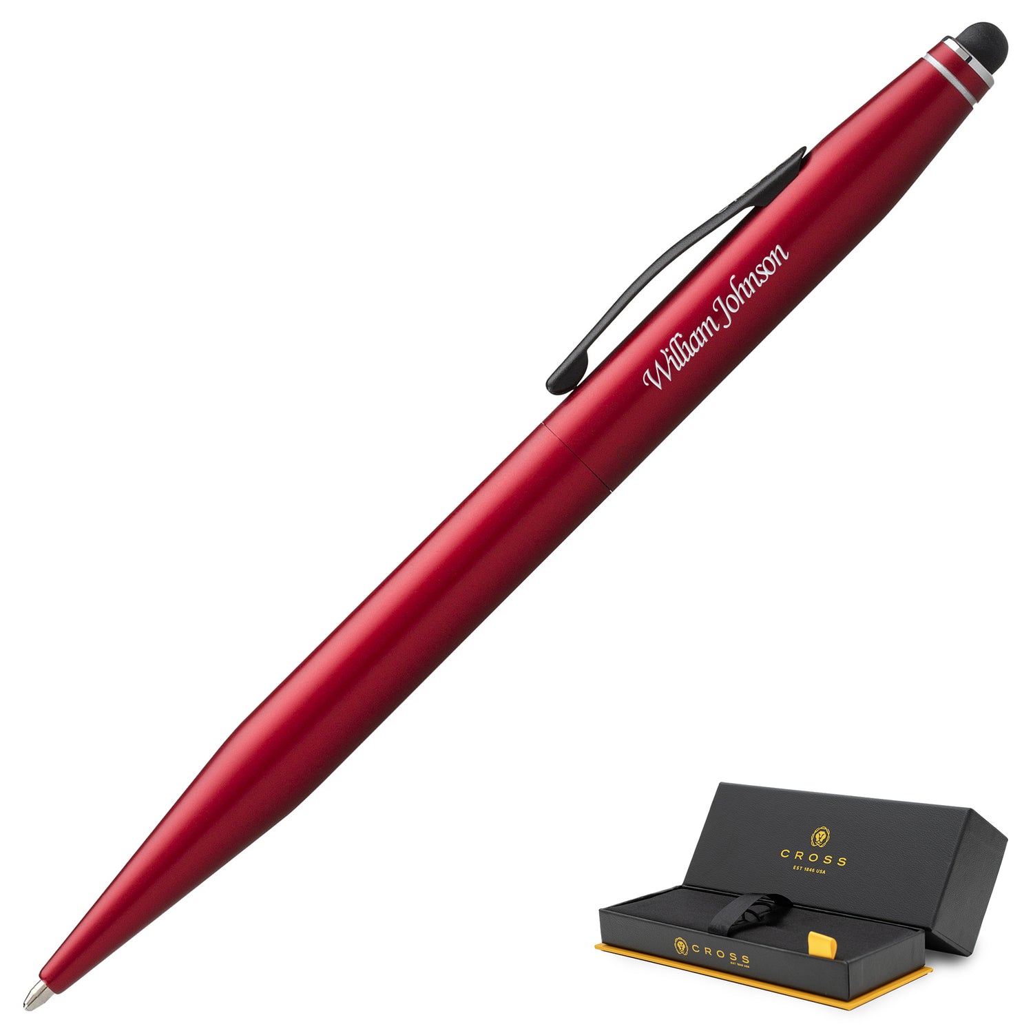 A Cross Tech2 Metallic Red Stylus Pen in a metallic red finish, displayed alongside a gift box.