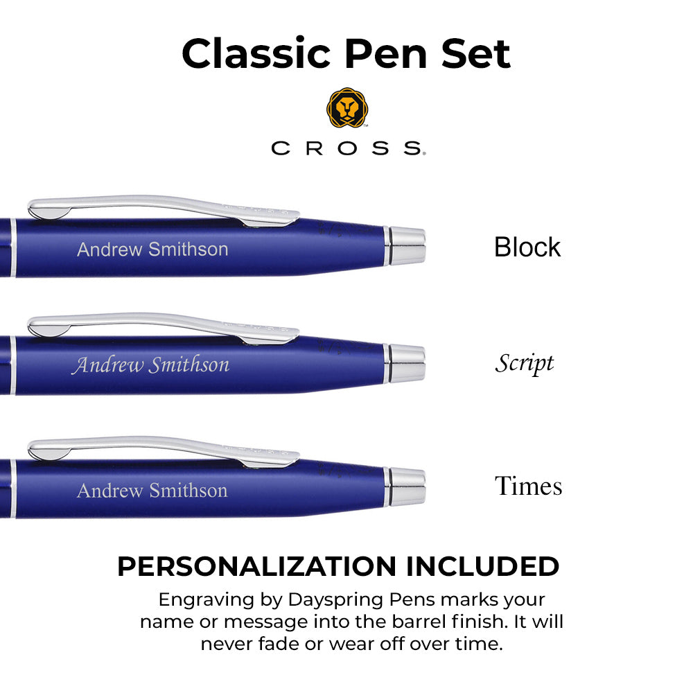 Cross Classic Translucent Blue Lacquer Ballpoint & Pencil Set in blue.