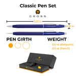 The Cross Classic Translucent Blue Lacquer Ballpoint & Pencil Set is displayed with a blue pen and a blue box.