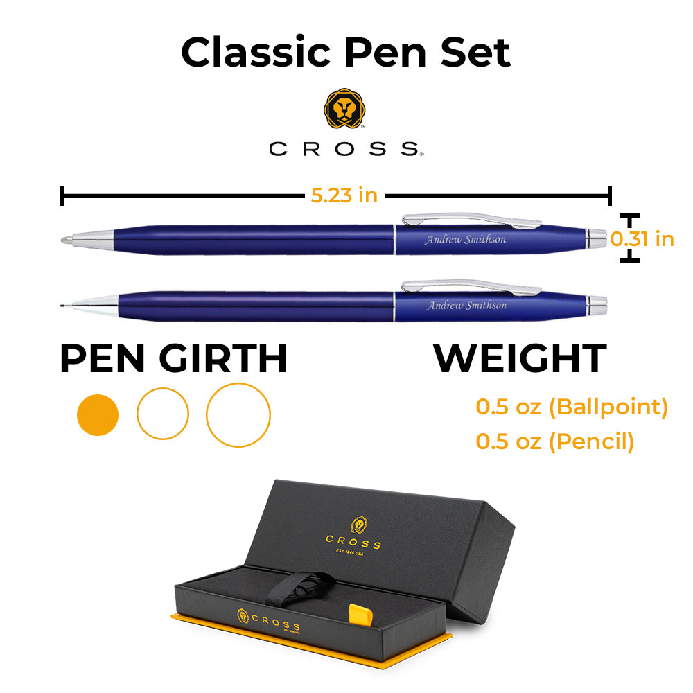 The Cross Classic Translucent Blue Lacquer Ballpoint & Pencil Set is displayed with a blue pen and a blue box.