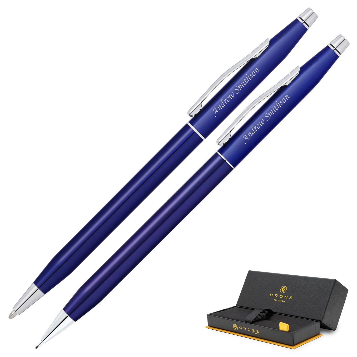 Two Cross Classic Translucent Blue Lacquer Ballpoint & Pencil Sets in a gift box.