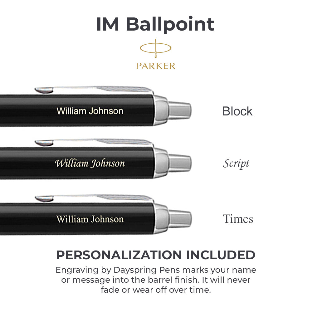 Engraved Parker IM Black Lacquer Retractable Ballpoint Pen Chrome Trim -  Dayspring Pens