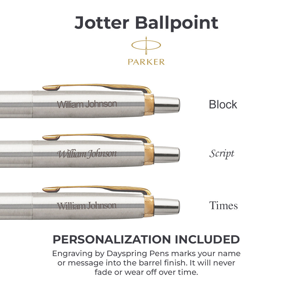 Custom Engraved Parker Jotter Gel Pen Stainless Steel Gold Trim - Dayspring  Pens