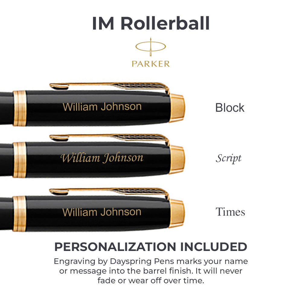 Engraved Parker IM Deep Black Lacquer Rollerball Pen Gold Trim - Dayspring  Pens